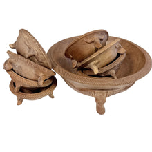 Load image into Gallery viewer, Vintage 1970s Hand Carved Wood Longhorn Steer Salad Set | Large Bowl & 8 Small Bowls