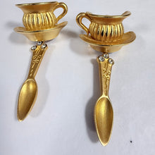 Load image into Gallery viewer, Vintage Stewart Lucas New York Gold Teacup & Spoon Dangle Earrings