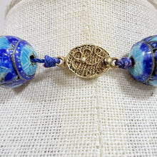 Load image into Gallery viewer, Mid Century Cobalt Blue Cloisonne Enamel Bead Strand Necklace Filigree Clasp