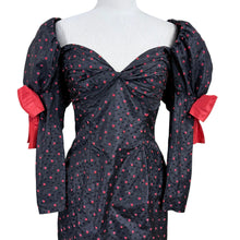 Load image into Gallery viewer, Vintage 80s Isabelle Allard Paris Puff Sleeve Silk Cocktail Dress Black Red Bows Medium