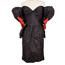 Load image into Gallery viewer, Vintage 80s Isabelle Allard Paris Puff Sleeve Silk Cocktail Dress Black Red Bows Medium