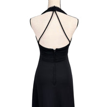 Load image into Gallery viewer, VTG 70s Black Halter Maxi Dress Plunge Convertible Rhinestone Zipper Size Small