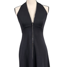 Load image into Gallery viewer, VTG 70s Black Halter Maxi Dress Plunge Convertible Rhinestone Zipper Size Small