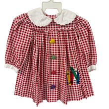 Load image into Gallery viewer, 80s Peaches n Cream Red Gingham Crayon Heart Button Back to School Toddler Dress