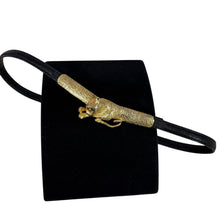 Load image into Gallery viewer, Vintage St. John Gold Panther Buckle on Thin Black Leather Cinch Belt Size Small