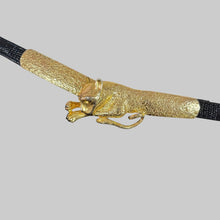 Load image into Gallery viewer, Vintage St. John Gold Panther Buckle on Thin Black Leather Cinch Belt Size Small