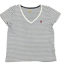 Load image into Gallery viewer, Polo Ralph Lauren White & Navy Striped Cotton V-Neck T-Shirt Size Medium
