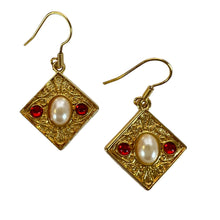 Load image into Gallery viewer, Edwardian Design Gold Tone Earrings Pierced Faux Pearl Red Jewels 1.5"