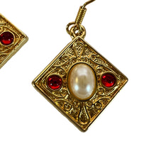 Load image into Gallery viewer, Edwardian Design Gold Tone Earrings Pierced Faux Pearl Red Jewels 1.5"