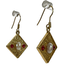 Load image into Gallery viewer, Edwardian Design Gold Tone Earrings Pierced Faux Pearl Red Jewels 1.5"