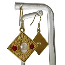 Load image into Gallery viewer, Edwardian Design Gold Tone Earrings Pierced Faux Pearl Red Jewels 1.5"