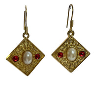 Load image into Gallery viewer, Edwardian Design Gold Tone Earrings Pierced Faux Pearl Red Jewels 1.5"