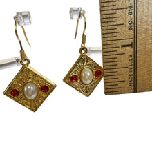 Load image into Gallery viewer, Edwardian Design Gold Tone Earrings Pierced Faux Pearl Red Jewels 1.5"