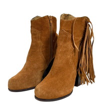Load image into Gallery viewer, Jeffrey Campbell Fringe Suede Block Heel Ankle Boots