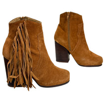 Load image into Gallery viewer, Jeffrey Campbell Fringe Suede Block Heel Ankle Boots