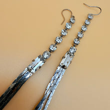 Load image into Gallery viewer, Vintage Silver Tone Rhinestone Shoulder Duster Earrings Snake Chain Tassel