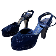 Load image into Gallery viewer, 1940s I. Miller Navy Velvet Platform Peep Toe Ankle Strap Heels Nailhead Studs