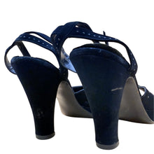 Load image into Gallery viewer, 1940s I. Miller Navy Velvet Platform Peep Toe Ankle Strap Heels Nailhead Studs