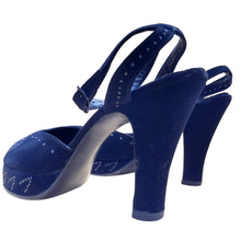 Load image into Gallery viewer, 1940s I. Miller Navy Velvet Platform Peep Toe Ankle Strap Heels Nailhead Studs