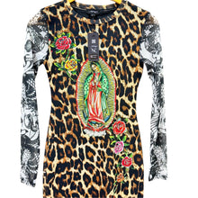 Load image into Gallery viewer, NWT Ed Hardy Leopard Mesh Bodycon Dress Virgin Mary Roses Tattoo Sleeves S