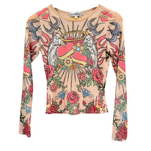 Load image into Gallery viewer, Y2K Madden Girl Nude Mesh Tattoo Print Long Sleeve Top Sacred Heart Roses S