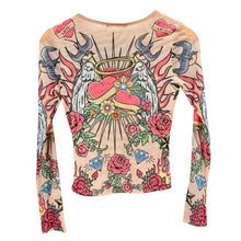 Load image into Gallery viewer, Y2K Madden Girl Nude Mesh Tattoo Print Long Sleeve Top Sacred Heart Roses S