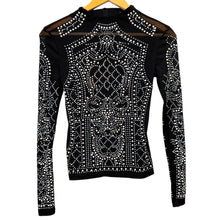 Load image into Gallery viewer, Windsor Black Sheer Mesh Rhinestone Embellished Mock Neck Long Sleeve Top S