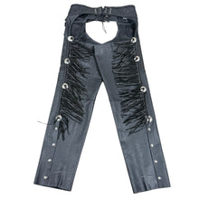 Load image into Gallery viewer, Jamin Leather Black Leather Fringe Motorcycle Chaps Silver Conchos Size XL