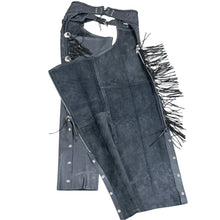 Load image into Gallery viewer, Jamin Leather Black Leather Fringe Motorcycle Chaps Silver Conchos Size XL