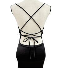 Load image into Gallery viewer, Y2K Black Stretch Satin Ruched Lace Up Open Back Maxi Gown Slit