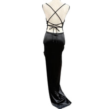 Load image into Gallery viewer, Y2K Black Stretch Satin Ruched Lace Up Open Back Maxi Gown Slit