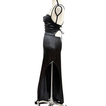 Load image into Gallery viewer, Y2K Black Stretch Satin Ruched Lace Up Open Back Maxi Gown Slit