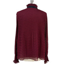 Load image into Gallery viewer, Max Studio Burgundy Swiss Dot Pleated Ruffle Neck Tie Bow Blouse Size L