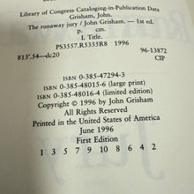 Load image into Gallery viewer, The Runaway Jury True First Edition First Printing 1996 by John Grisham Bestselling Courtroom Drama