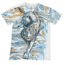 Load image into Gallery viewer, Y2K Liquid Blue White Tiger Graphic Tee Psychedelic Marble Print Small