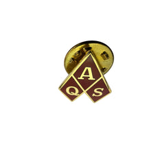 Load image into Gallery viewer, Vintage QAS Red Enamel Gold Tone Lapel Pin Badge Collectible Letter Symbol Brooch