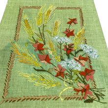 Load image into Gallery viewer, Vintage 1970s Hand Embroidered Floral Wheat Linen Wall Art Mid-Century