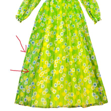 Load image into Gallery viewer, Vintage 1960s Green Groovy Boho Flower Pattern Power Bow Ruffle Long Sleeve Maxi Dress