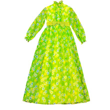 Load image into Gallery viewer, Vintage 1960s Green Groovy Boho Flower Pattern Power Bow Ruffle Long Sleeve Maxi Dress