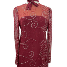 Load image into Gallery viewer, Vintage Sparkly Silk Red Long Sheer Sleeve Maxi Dress Size 12