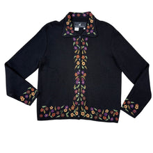 Load image into Gallery viewer, Peruvian Connection Black Baby Alpaca Floral Embroidered Cardigan Sweater