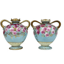 Load image into Gallery viewer, Antique Hand Painted Nippon Porcelain Vase w Light Blue with Pink Floral & Gold Moriage