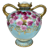 Load image into Gallery viewer, Antique Hand Painted Nippon Porcelain Vase w Light Blue with Pink Floral & Gold Moriage