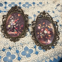 Load image into Gallery viewer, 60s Italian Brass Oval Frame Pair Floral Still Life Beveled Glass