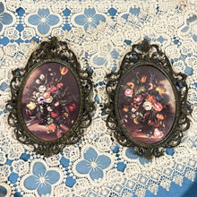 Load image into Gallery viewer, 60s Italian Brass Oval Frame Pair Floral Still Life Beveled Glass