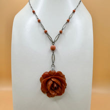 Load image into Gallery viewer, Vintage Carved Cinnabar Lacquer Rose Pendant Necklace Art Deco Filigree Chain