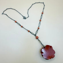 Load image into Gallery viewer, Vintage Carved Cinnabar Lacquer Rose Pendant Necklace Art Deco Filigree Chain