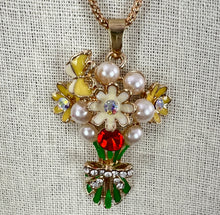 Load image into Gallery viewer, Betsey Johnson Enamel Rhinestone Flower Bouquet Pendant Necklace 30"
