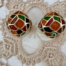 Load image into Gallery viewer, Vintage 80s Maresca Gold Plated Orange Green Red Blue Enamel Clip Earrings 1.5"