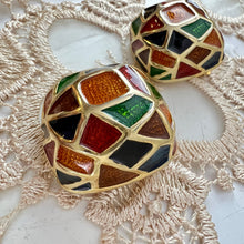 Load image into Gallery viewer, Vintage 80s Maresca Gold Plated Orange Green Red Blue Enamel Clip on Earrings 1.5"